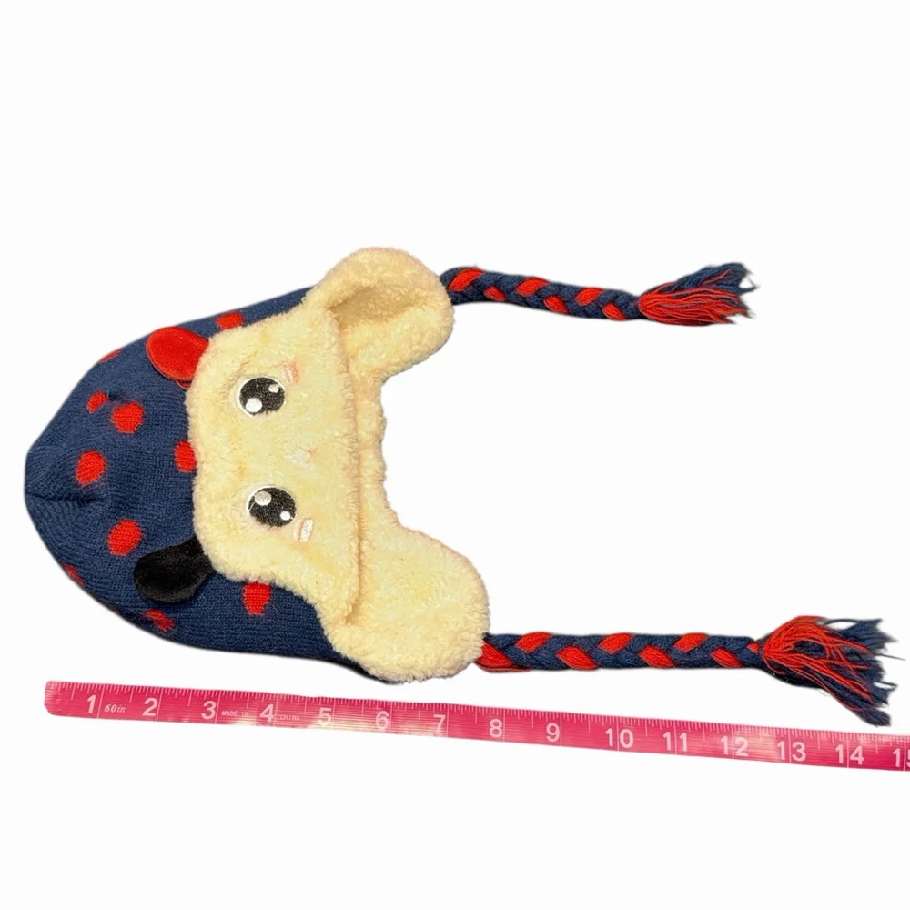 Girls Lady Bug Face Winter Knit Hat With Ear‎ Flaps Blue Red Beanie